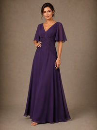 V-Neck Chiffon Mother of the Bride Dress with Applique