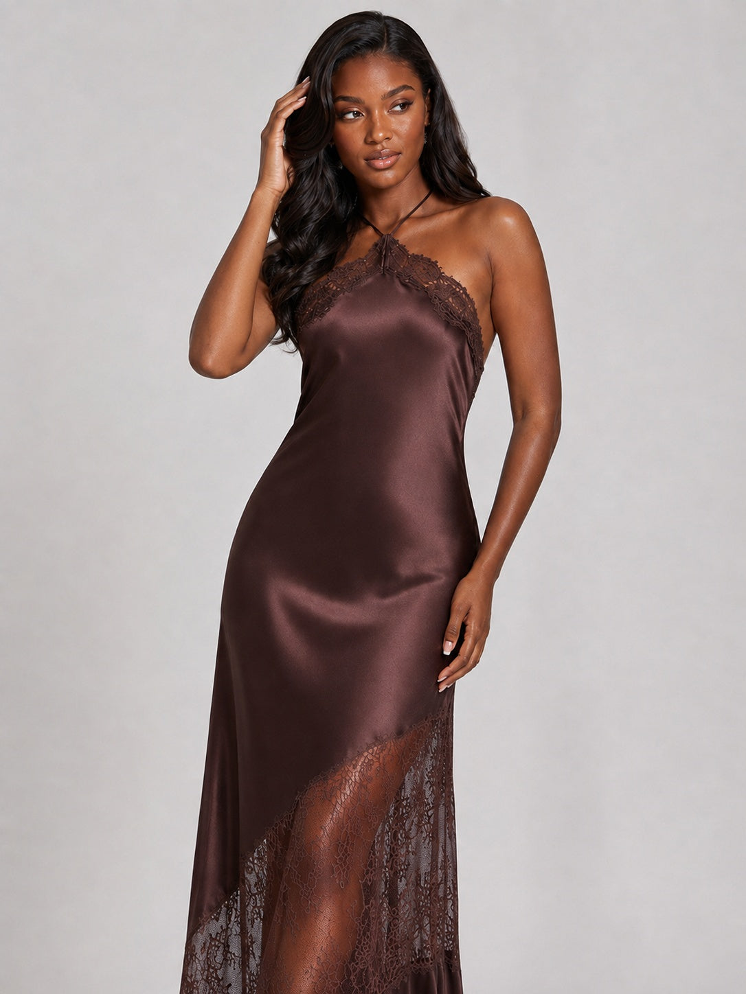 Chocolate brown satin floor-length prom dress