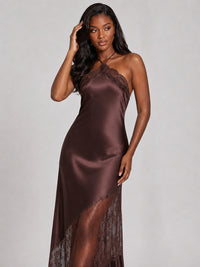 Chocolate brown satin floor-length prom dress