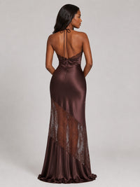 Chocolate brown satin halter prom dress back view