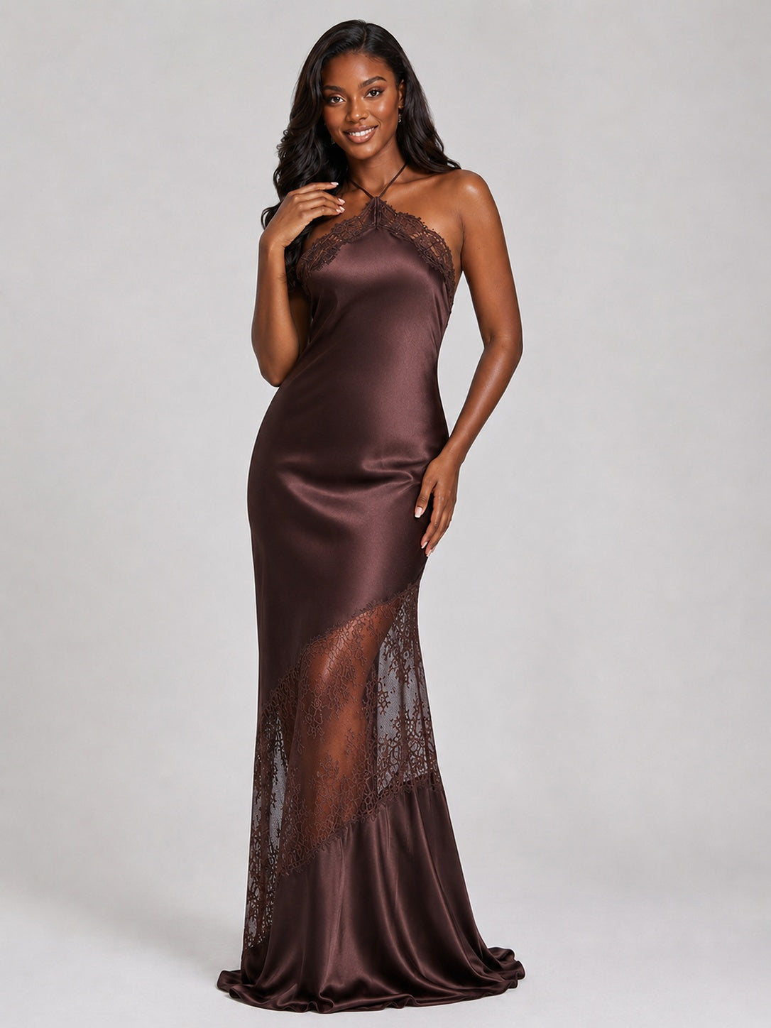 Lace-trim halter neckline on chocolate brown prom dress