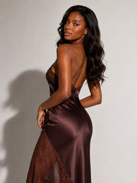 Asymmetric sheer lace panel on brown satin prom dress