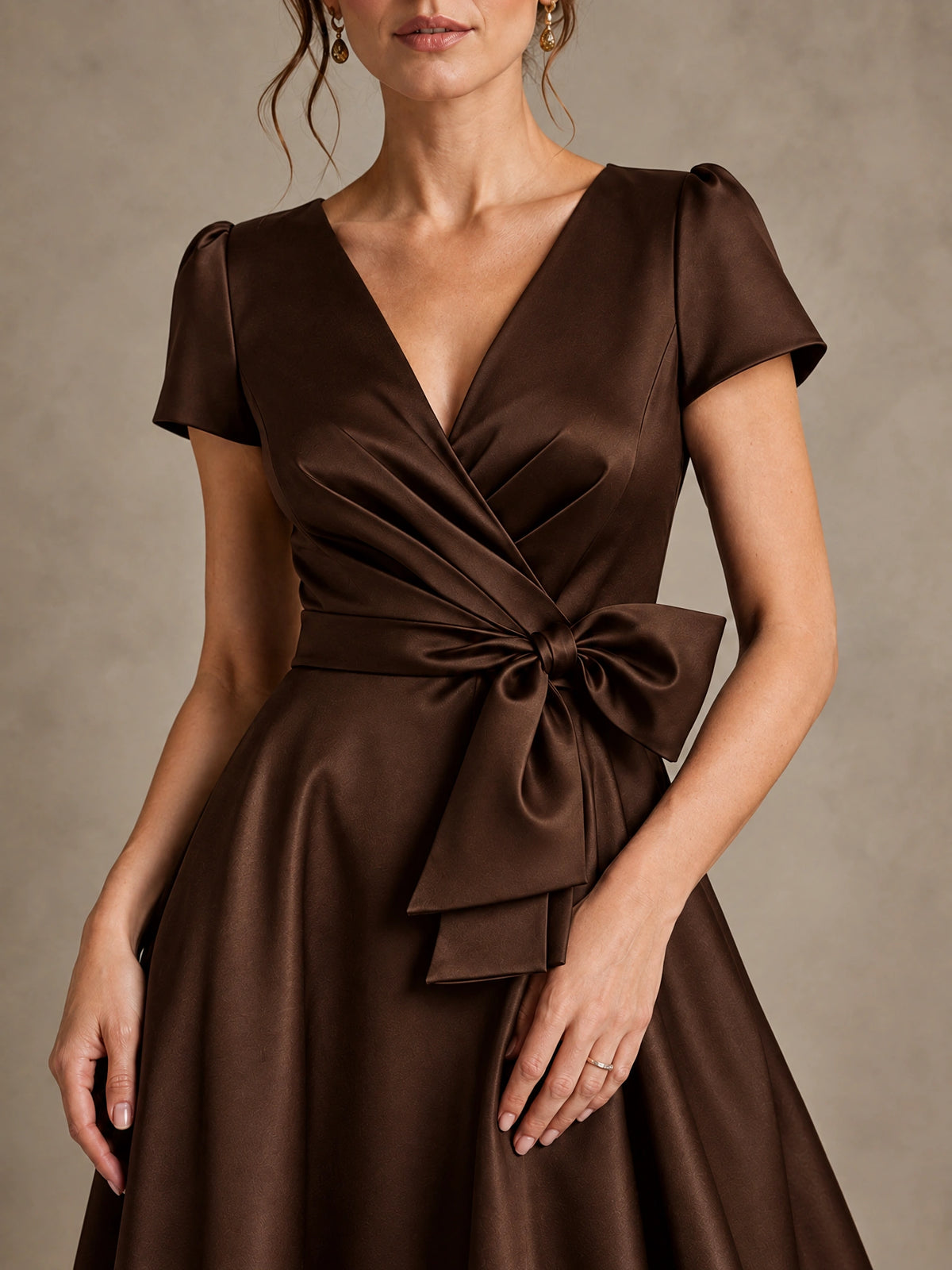 V-Neck Tea-Length Satin Mother of the Bride Dress with Bow