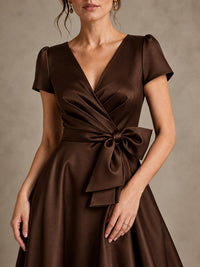 V-Neck Tea-Length Satin Mother of the Bride Dress with Bow