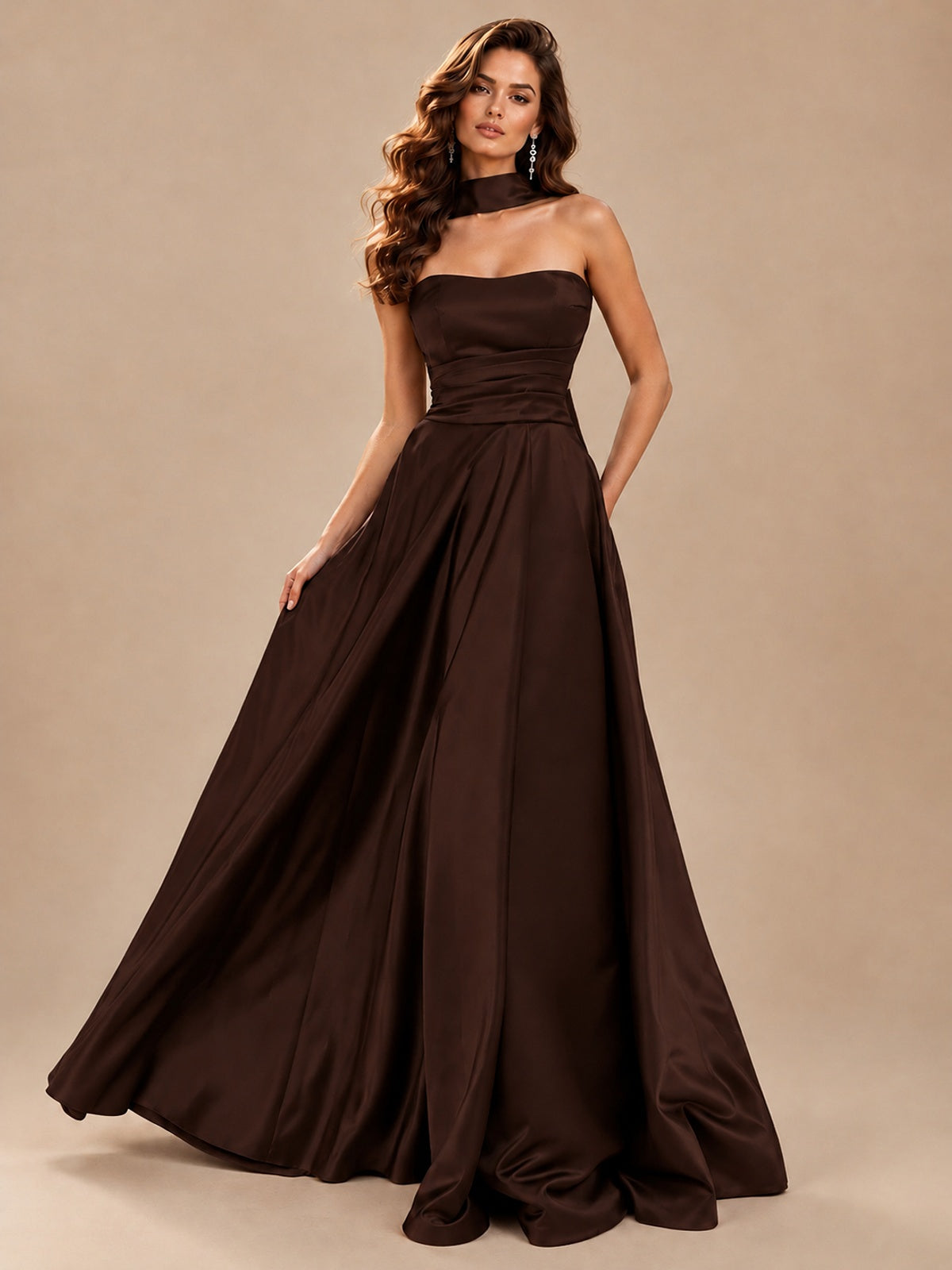 Strapless Prom Dress Side High Slit A-line Formal Dress with Scarf
