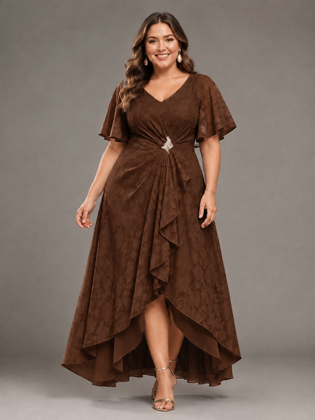 Jacquard Chiffon A-Line V-Neck High-Low Mother of the Bride Dress