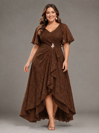 Jacquard Chiffon A-Line V-Neck High-Low Mother of the Bride Dress