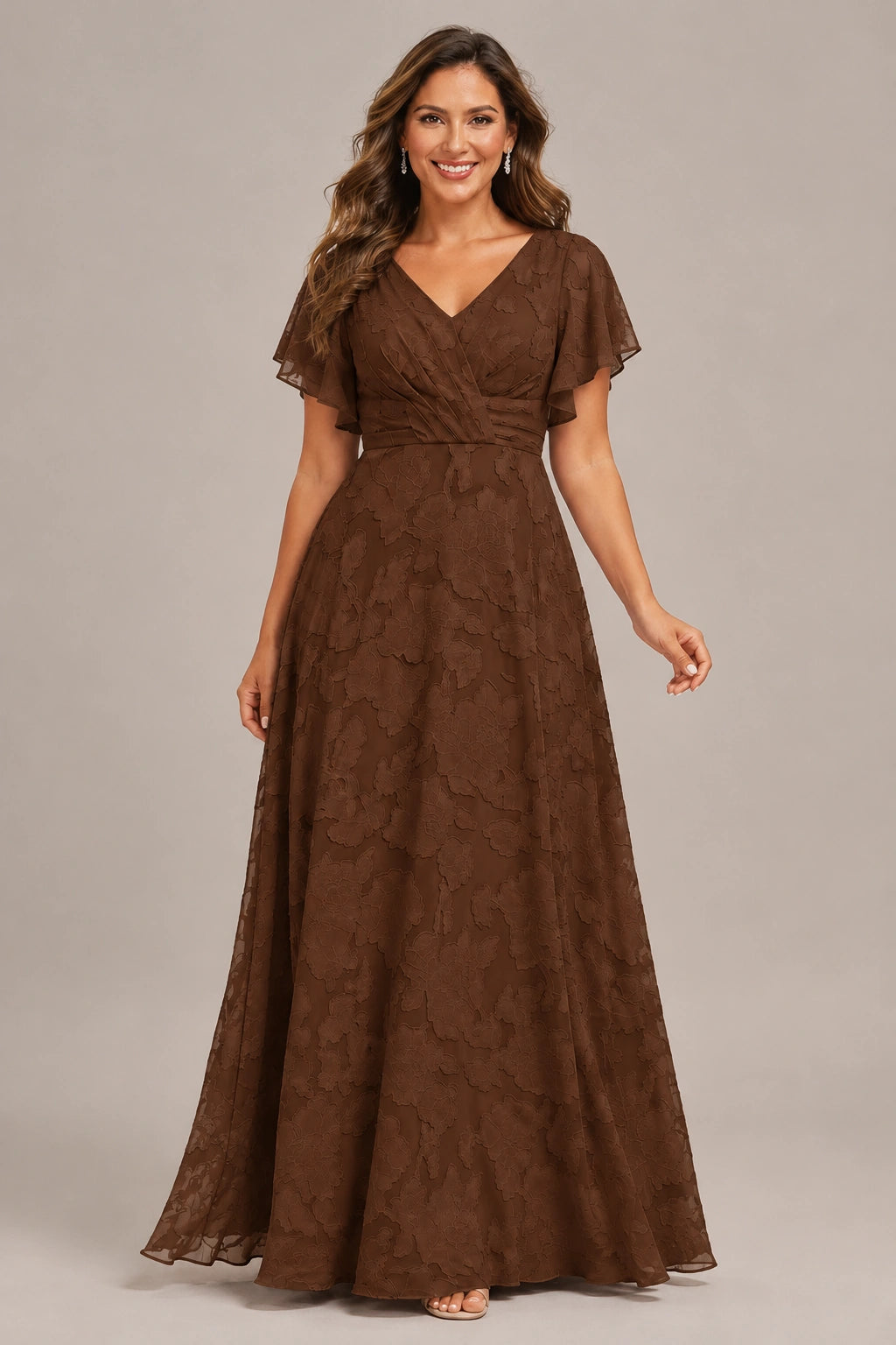 Jovellee Floral Chiffon A-Line Mother of the Bride Dress with Flutter Sleeves