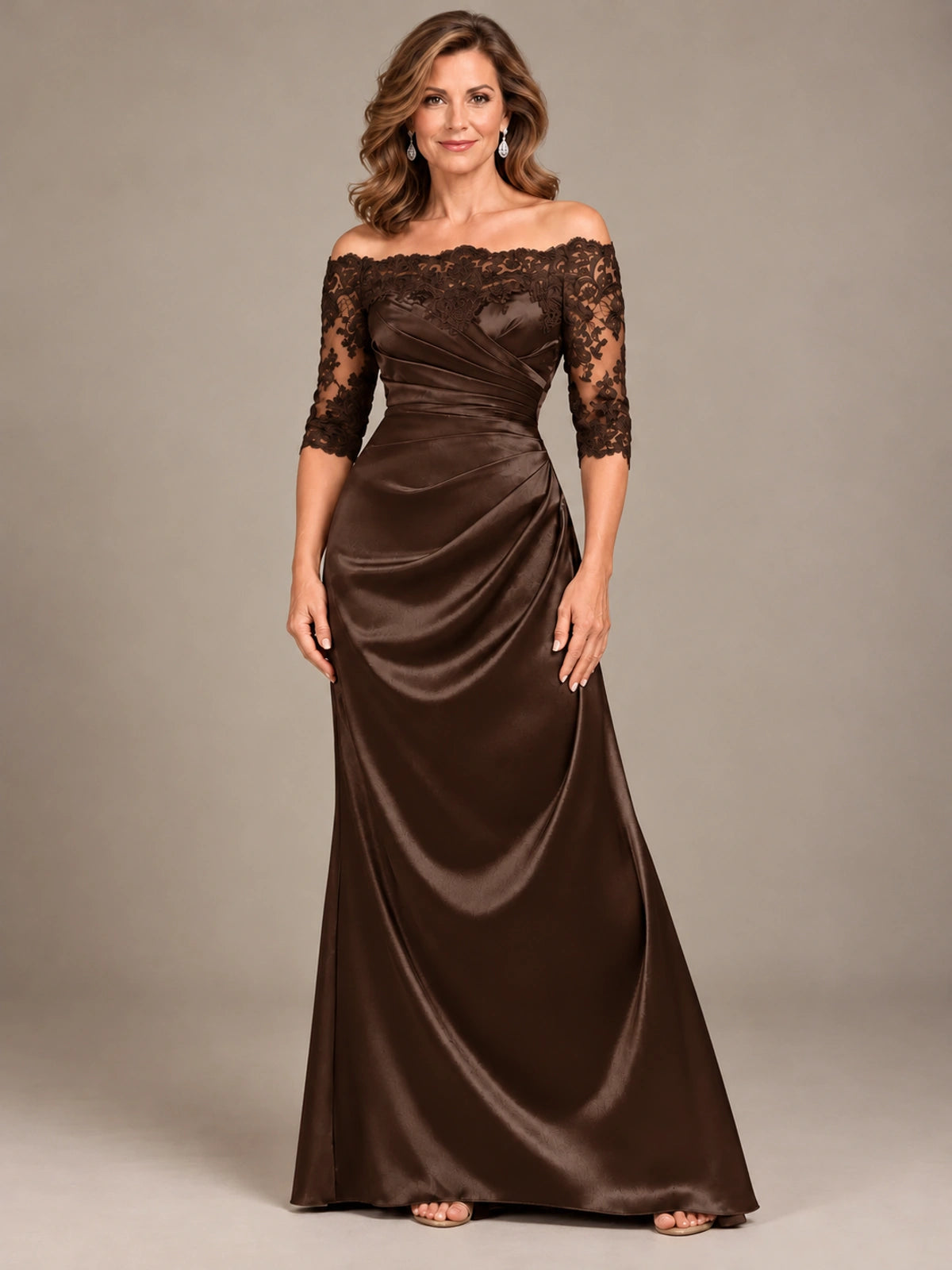 Satin Mother of the Bride Dress with Lace Sleeves Off Shoulder Formal Gown