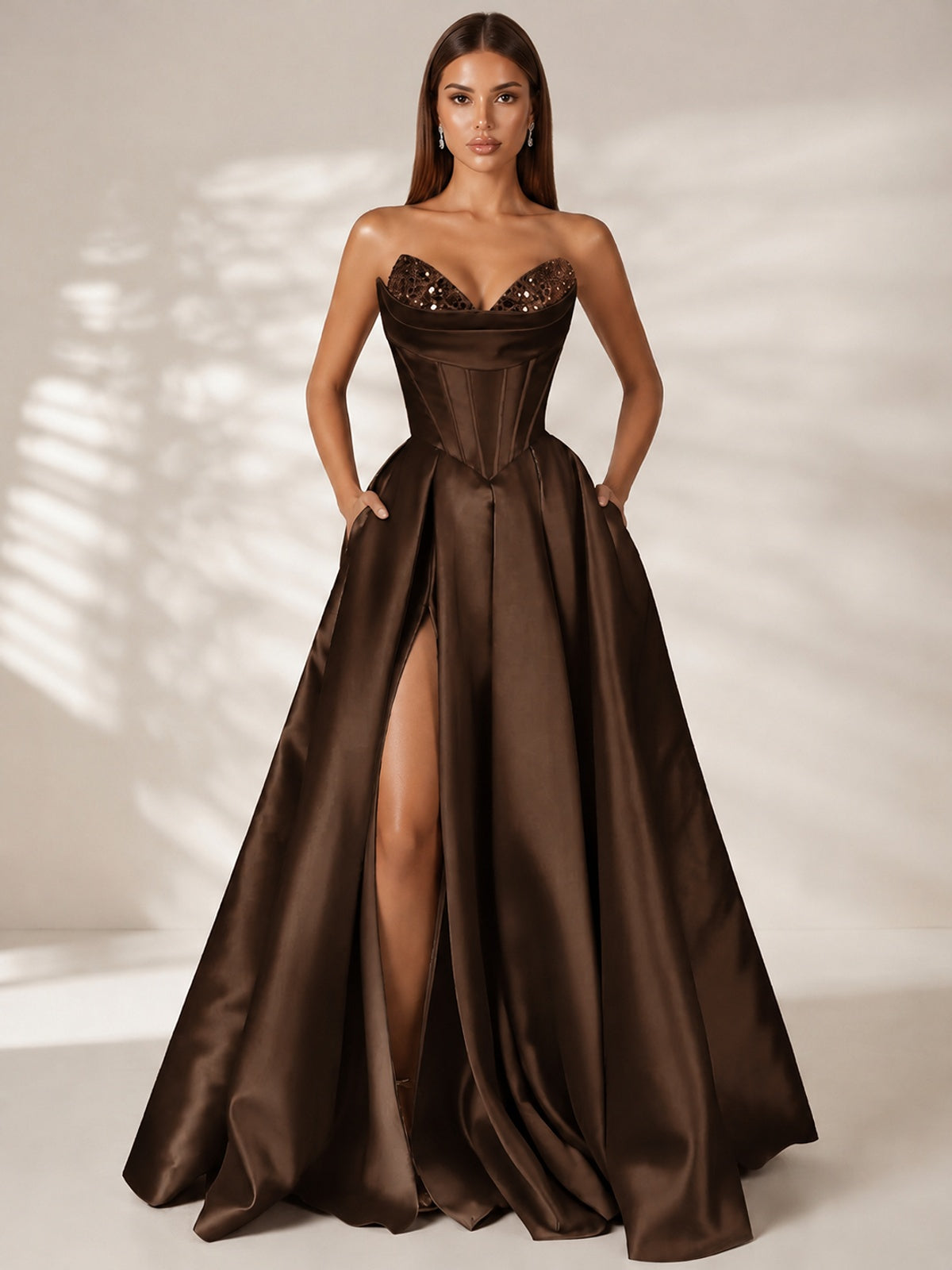 Chocolate Strapless Corset Satin Prom Dress Long Evening Gown with High Slit