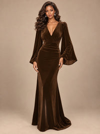 Burgundy Velvet Deep V-Neck Ruched Long Sleeve Maxi Dress