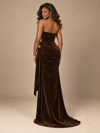 Burgundy Velvet Strapless Ruched Prom Dress with Jeweled Side Drape
