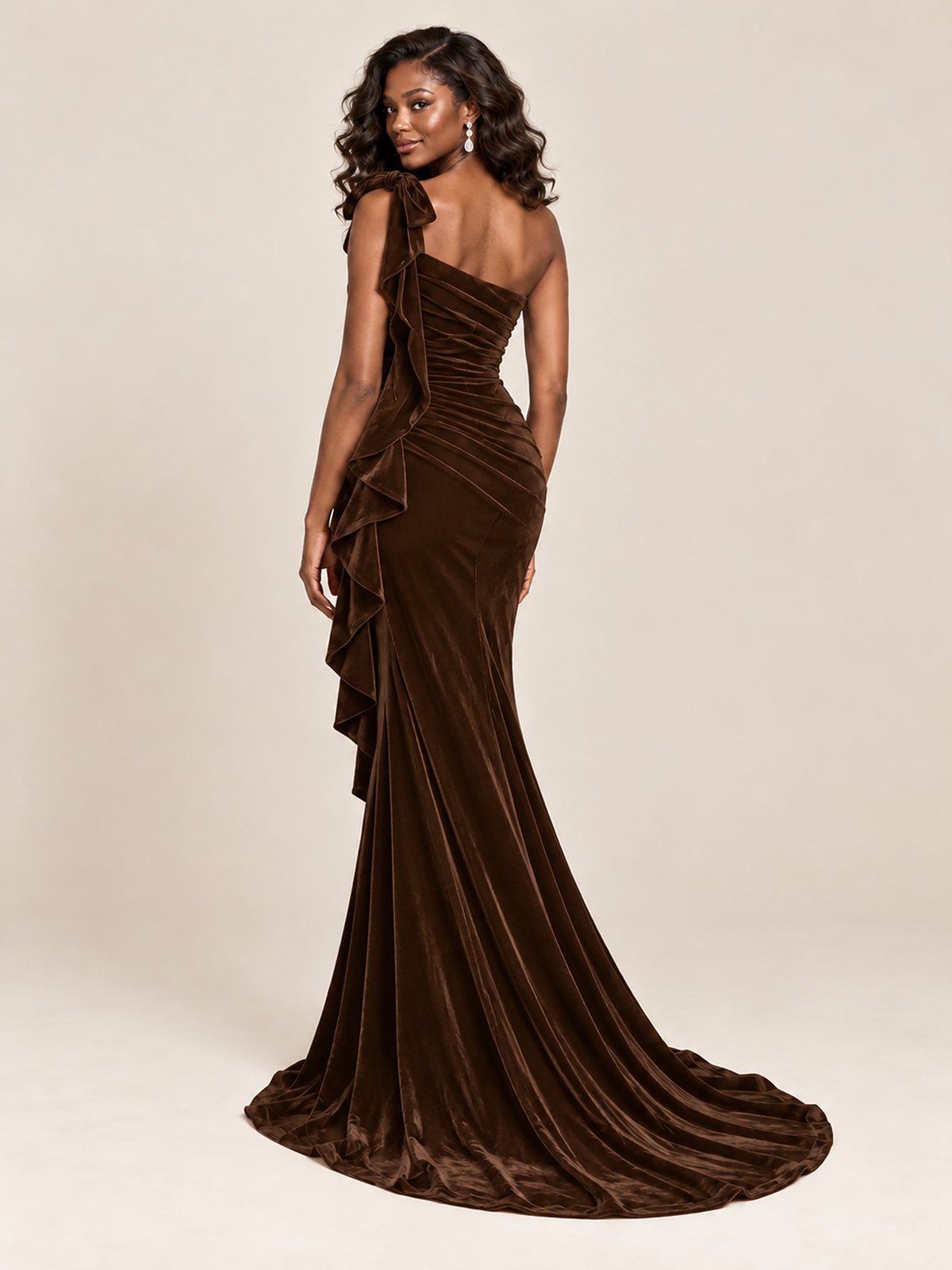Black Velvet One-Shoulder Mermaid Evening Gown with Bow & Ruffles