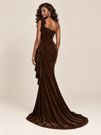 Black Velvet One-Shoulder Mermaid Evening Gown with Bow & Ruffles