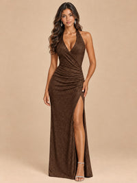 Halter V-Neck Sequin Mermaid Prom Dress with High Slit