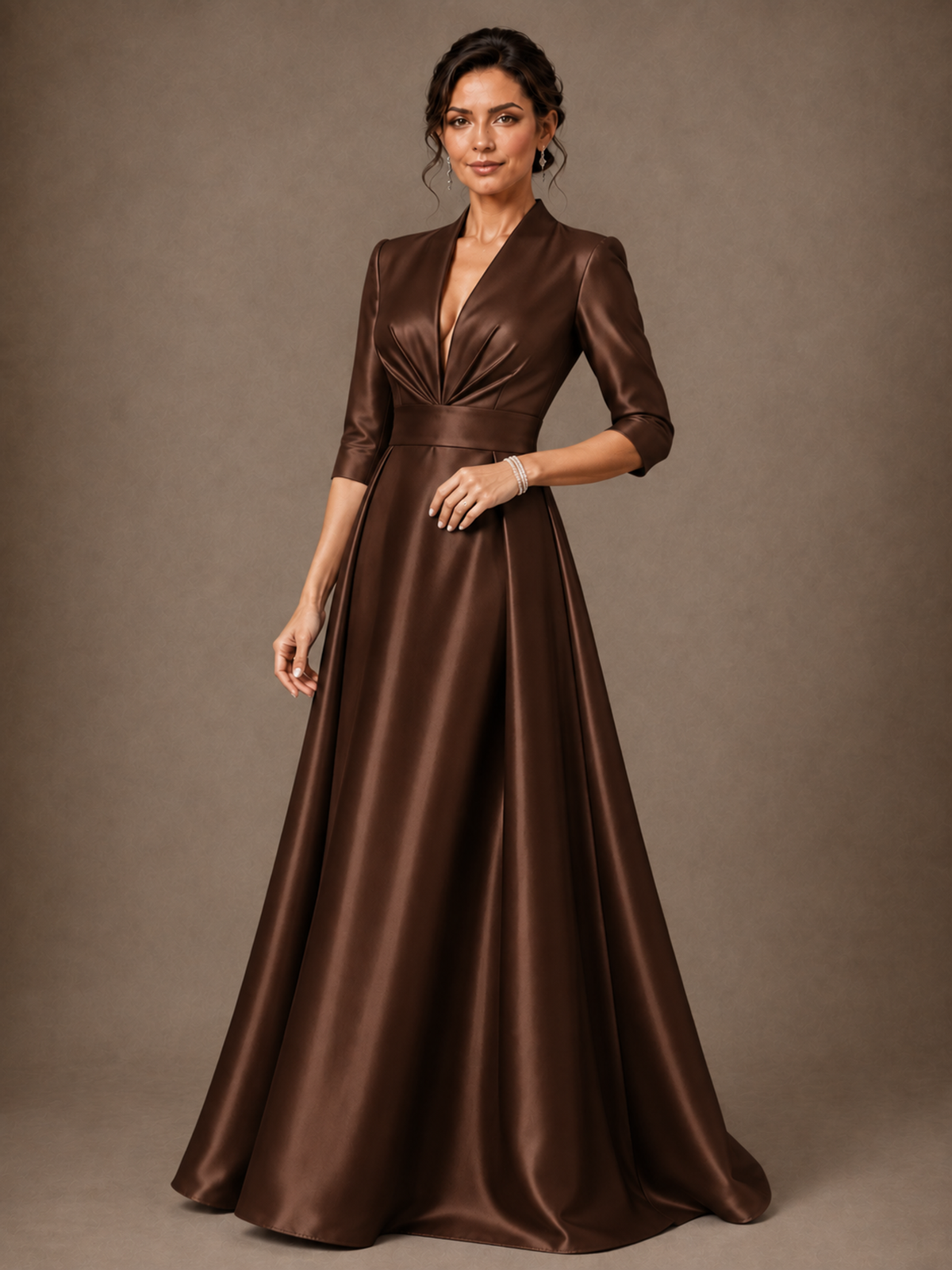 V-Neck Pleated Satin Mother of the Bride Gown with 3/4 Sleeves
