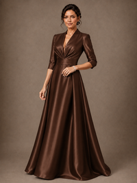 V-Neck Pleated Satin Mother of the Bride Gown with 3/4 Sleeves