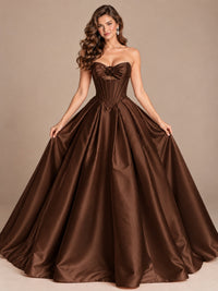 Pink Strapless Corset Satin Prom Derss & Ball Gown with 3D Floral