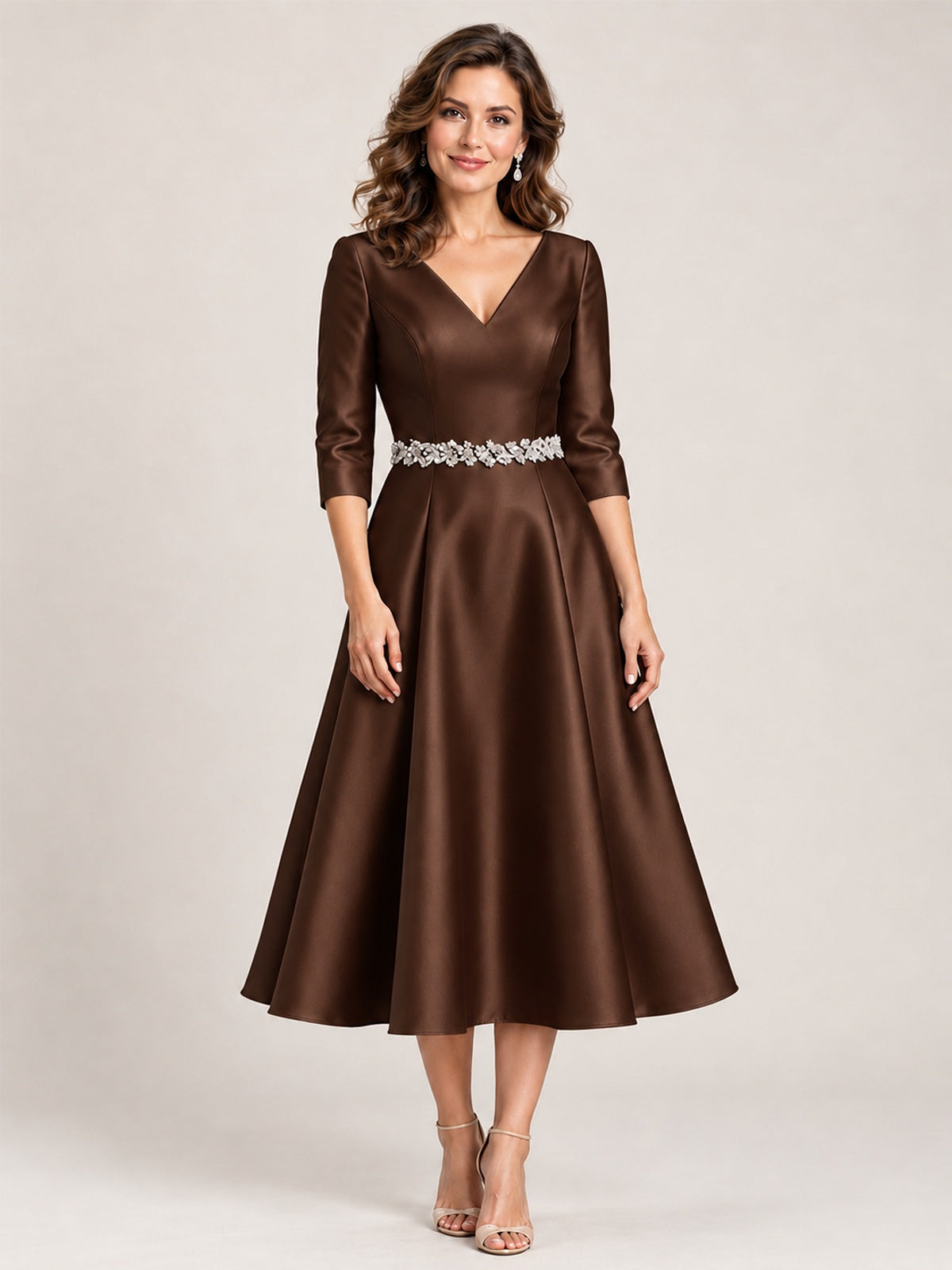 Chocolate V-Neck Tea-Length Mother of the Bride Dress with Embellished Waist