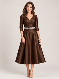 Chocolate V-Neck Tea-Length Mother of the Bride Dress with Embellished Waist