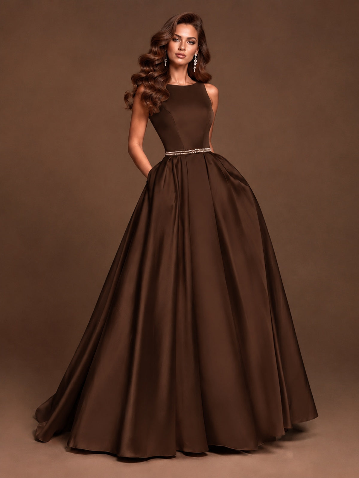 Satin A-Line Prom Dress Sleeveless Beaded Waist Formal Gown with Pockets
