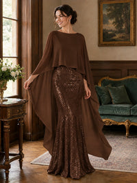 Sequin 2 Pieces Mother of the Bride Dress with Cap Sleeves Chiffon Formal Gowns