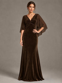 Navy Blue Velvet V Neck Mermaid Formal Dress with Flutter Cape Sleeves