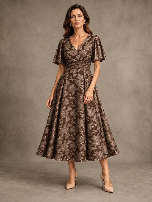 V-Neck Floral Jacquard Tea-Length Mother of the Bride Dress