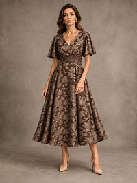 V-Neck Floral Jacquard Tea-Length Mother of the Bride Dress