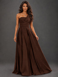 Draped Satin Prom Dress Strapless A-line Formal Dress Floor Length