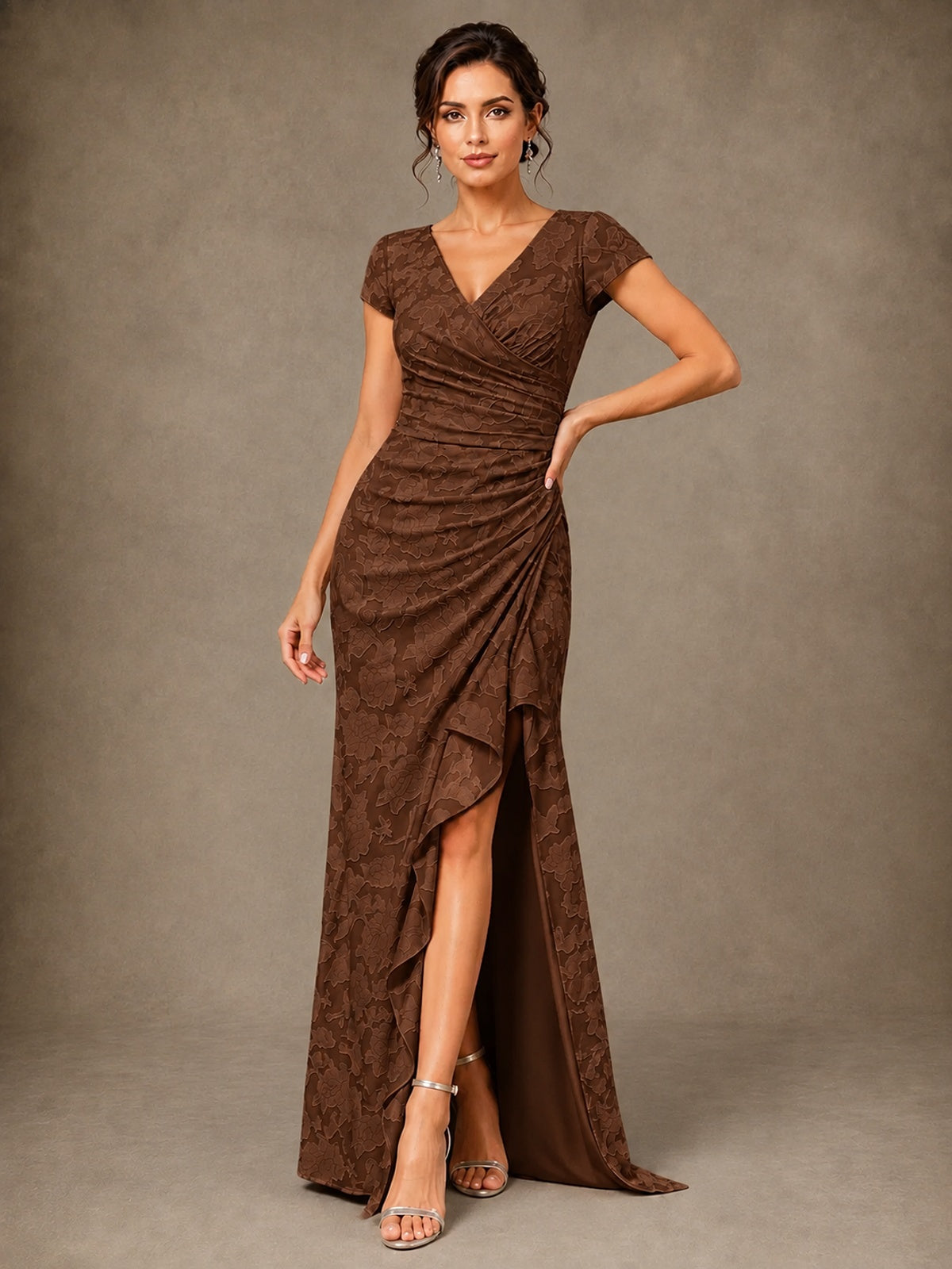 V-Neck Floral Jacquard Mother of the Bride Dress with Slit