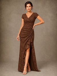 V-Neck Floral Jacquard Mother of the Bride Dress with Slit