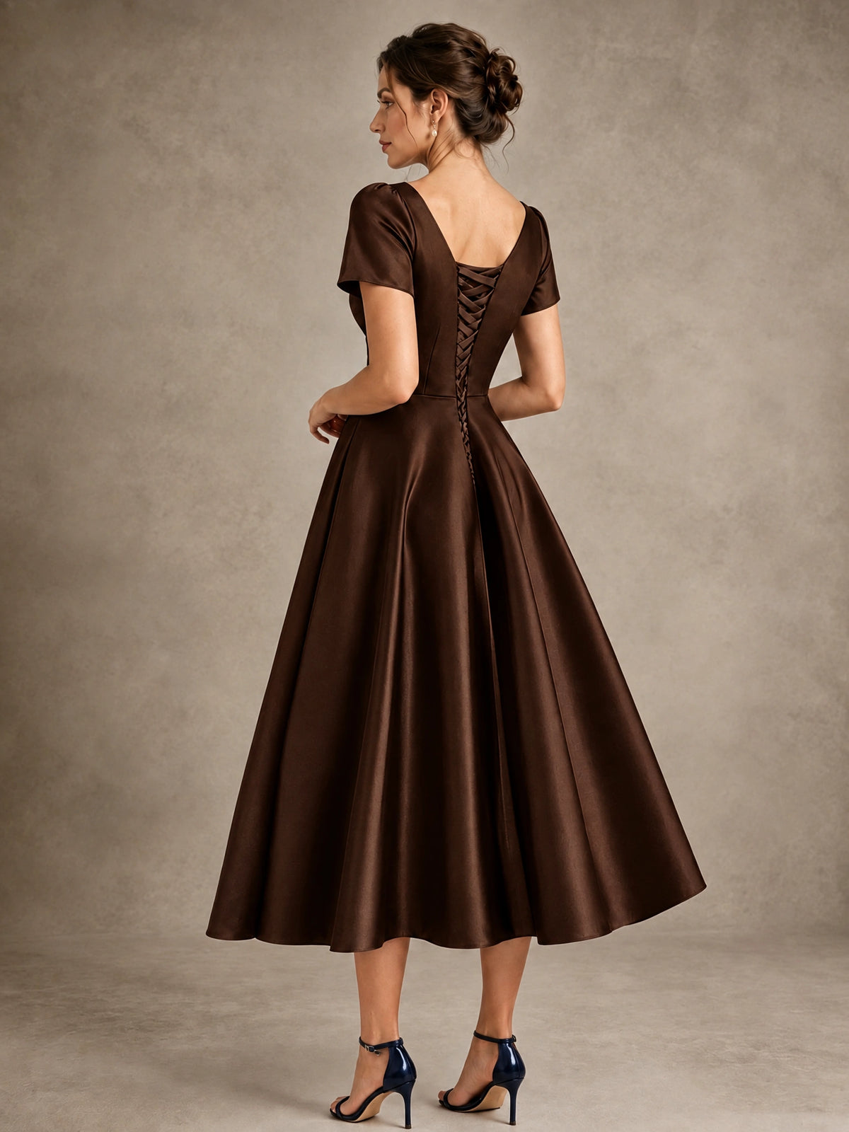 V-Neck Tea-Length Satin Mother of the Bride Dress with Bow