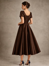 V-Neck Tea-Length Satin Mother of the Bride Dress with Bow