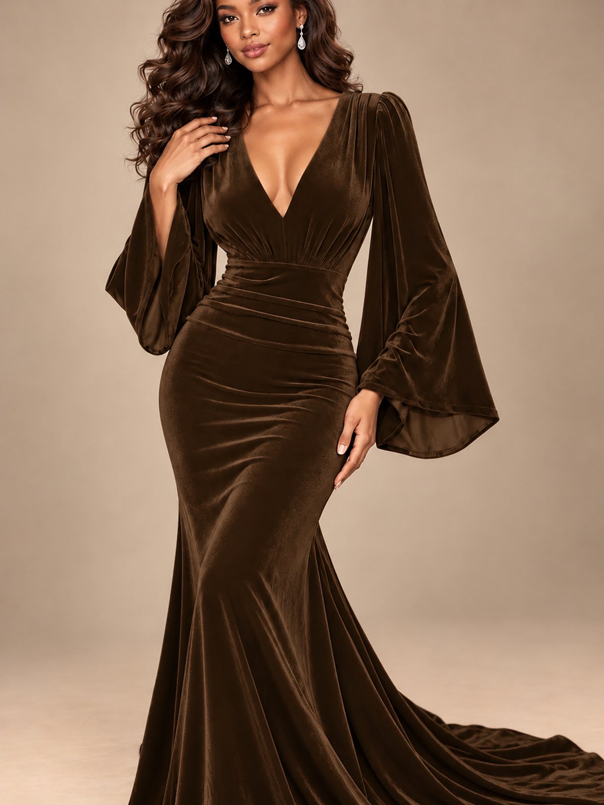 Burgundy Velvet Deep V-Neck Ruched Long Sleeve Maxi Dress