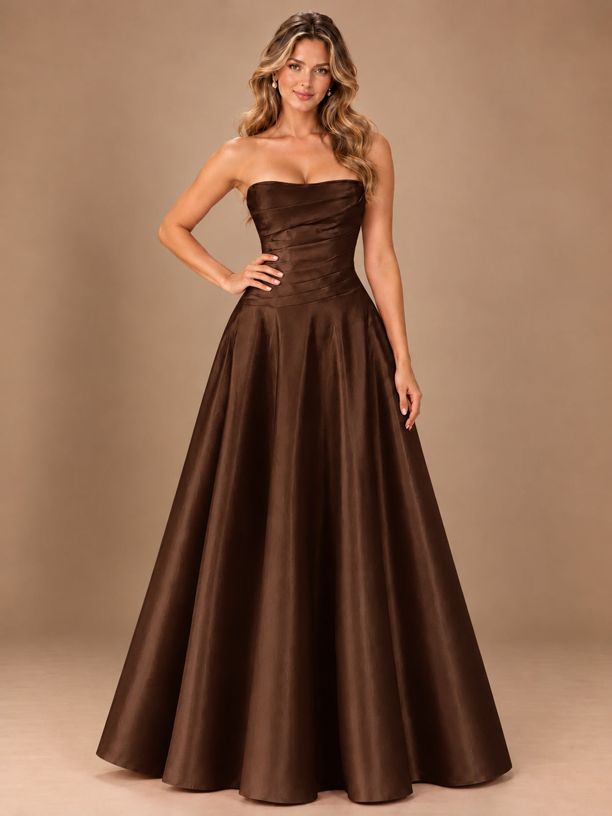 Blush Pink Strapless Satin A-Line Prom Dress with Ruched Bodice