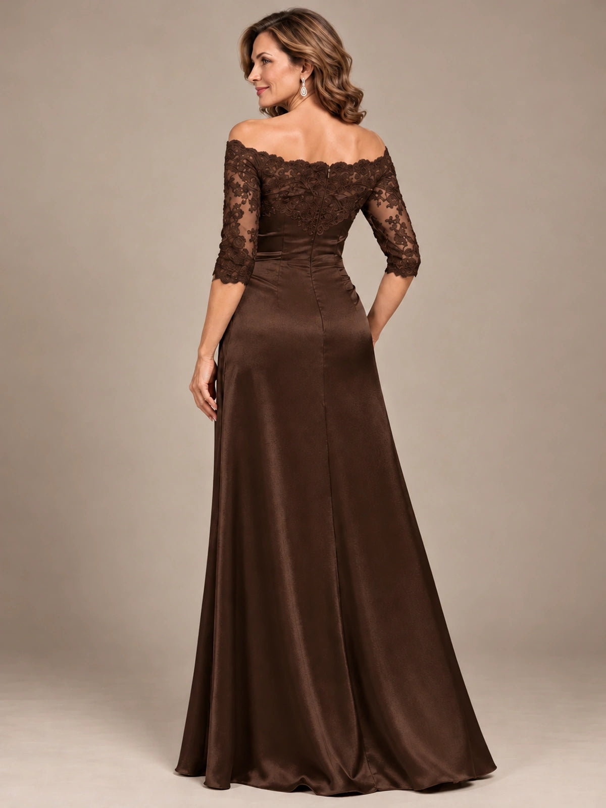 Satin Mother of the Bride Dress with Lace Sleeves Off Shoulder Formal Gown