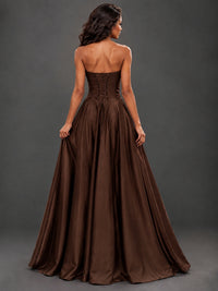 Draped Satin Prom Dress Strapless A-line Formal Dress Floor Length