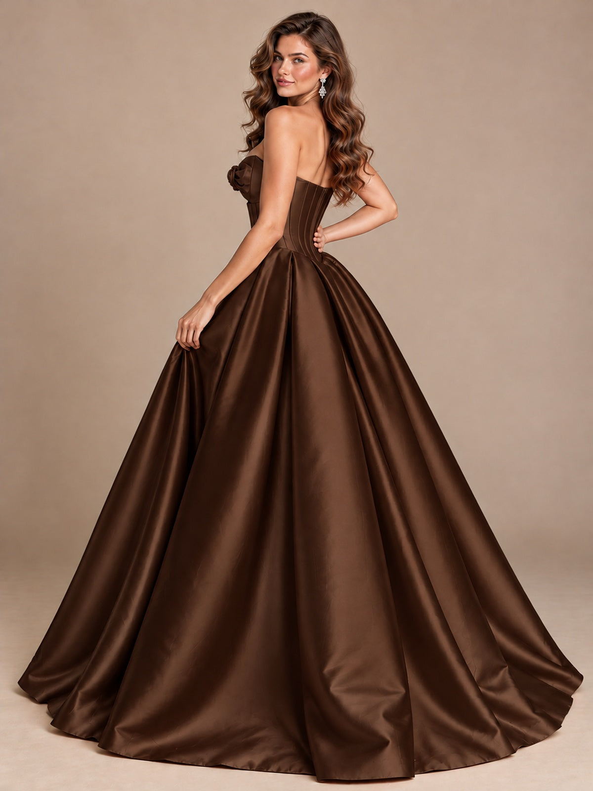 Pink Strapless Corset Satin Prom Derss & Ball Gown with 3D Floral