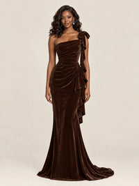 Black Velvet One-Shoulder Mermaid Evening Gown with Bow & Ruffles