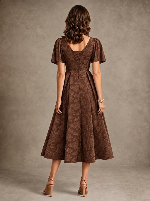 V-Neck Floral Jacquard Tea-Length Mother of the Bride Dress