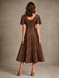 V-Neck Floral Jacquard Tea-Length Mother of the Bride Dress