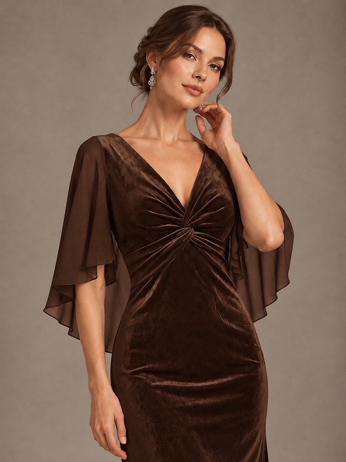 Navy Blue Velvet V Neck Mermaid Formal Dress with Flutter Cape Sleeves
