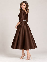 V-Neck Tea-Length Mother of the Bride Dress with Embellished Waist