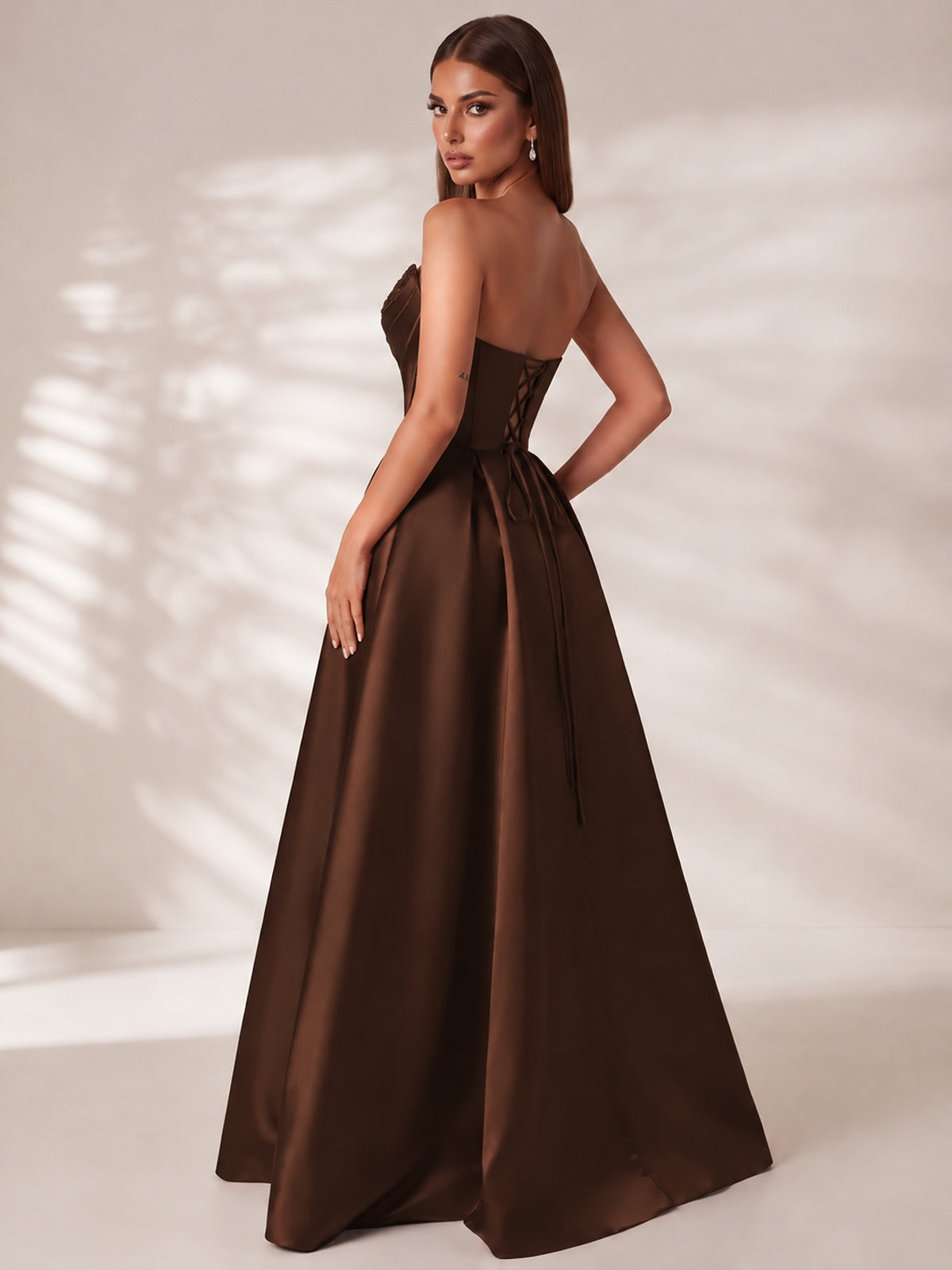 Strapless Corset Satin Prom Dress Long Evening Gown with High Slit