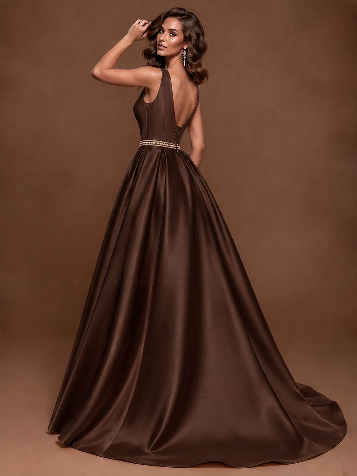 Satin A-Line Prom Dress Sleeveless Beaded Waist Formal Gown with Pockets