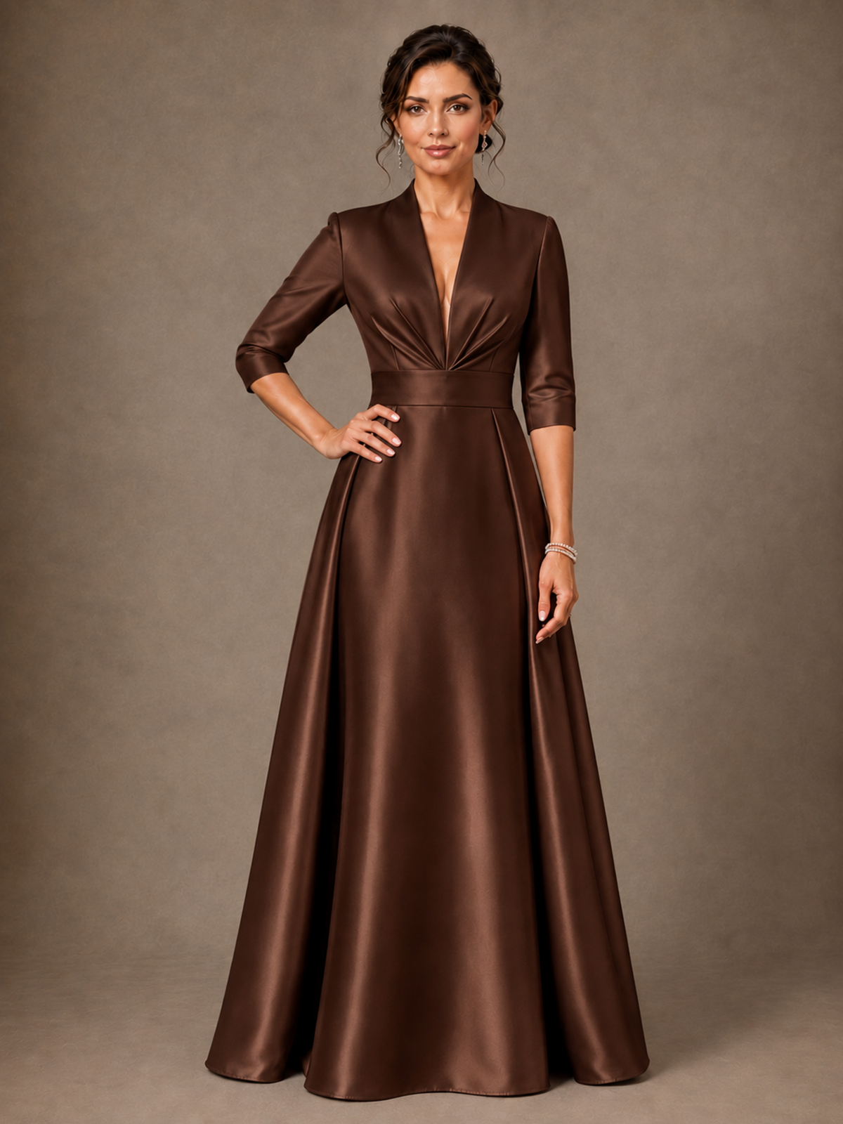 V-Neck Pleated Satin Mother of the Bride Gown with 3/4 Sleeves