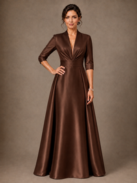 V-Neck Pleated Satin Mother of the Bride Gown with 3/4 Sleeves