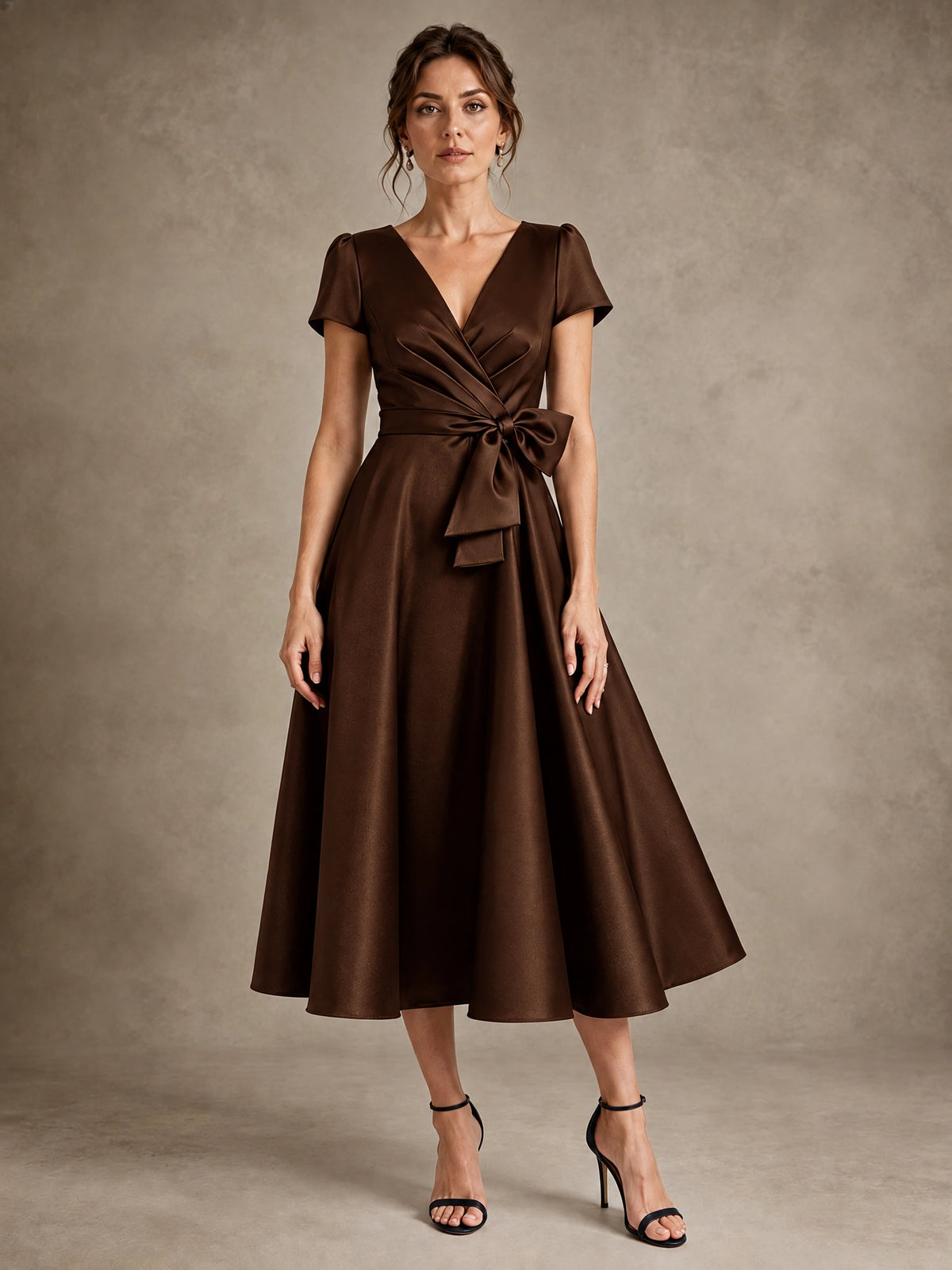 Chocolate V-Neck Tea-Length Satin Mother of the Bride Dress with Bow Jovellee