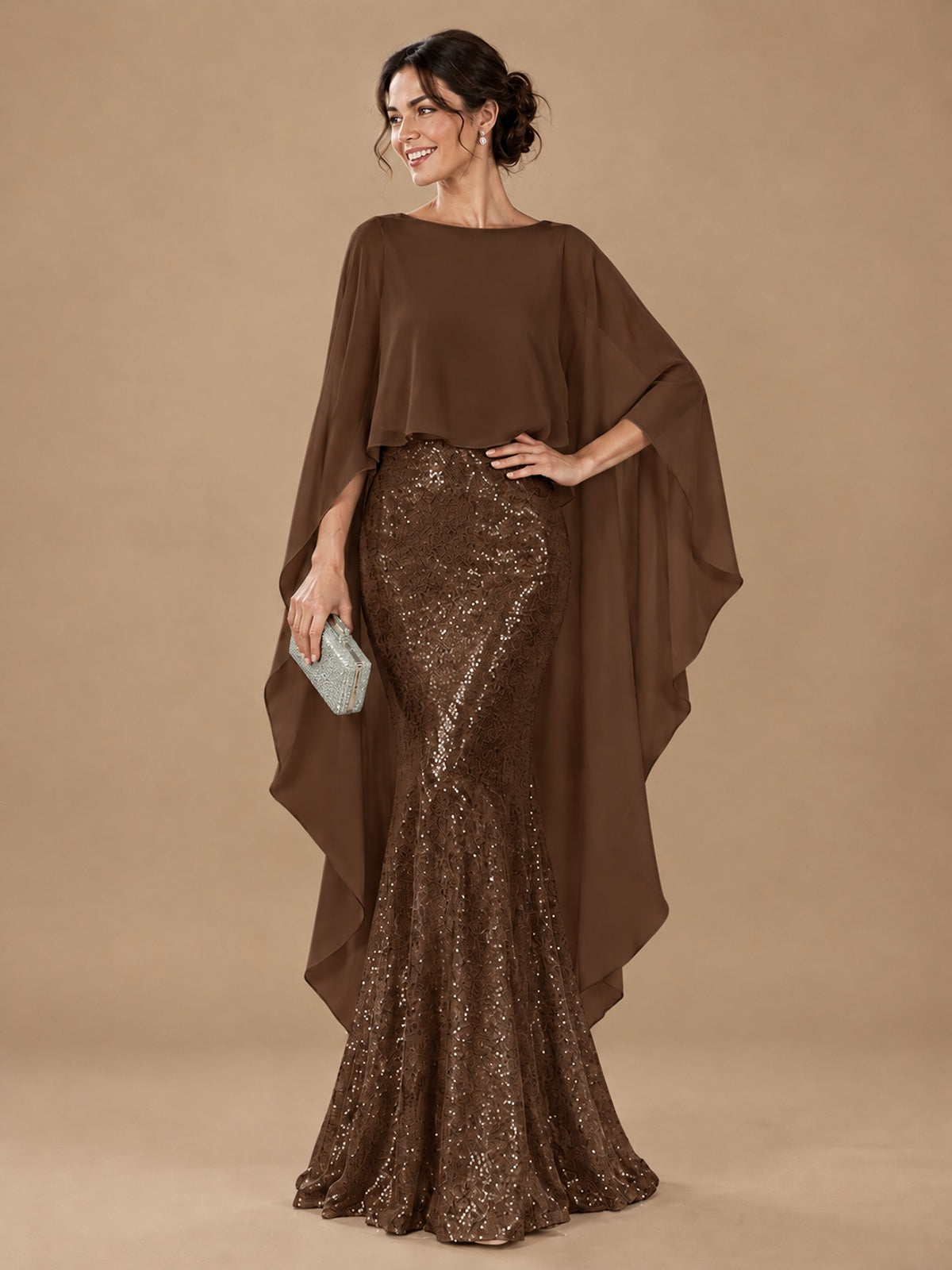 Sequin 2 Pieces Mother of the Bride Dress with Cap Sleeves Chiffon Formal Gowns